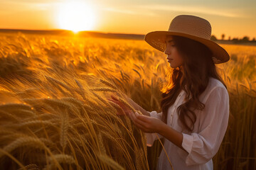 Wall Mural - Woman with long hair in ripe wheat field planning harvest activity gold sunrise. AI generative