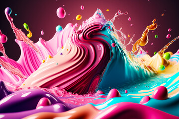 Poster - Group of colorful liquid splashing on top of pink and blue surface. Generative AI.