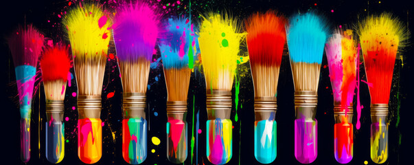 Sticker - Row of paintbrushes with different colors of paint splattered on them. Generative AI.