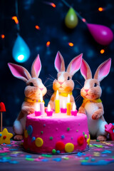 Sticker - Couple of rabbits sitting next to pink cake with candles on it. Generative AI.