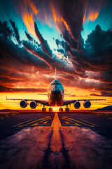 Wall Mural - Large jetliner sitting on top of airport tarmac at sunset. Generative AI.