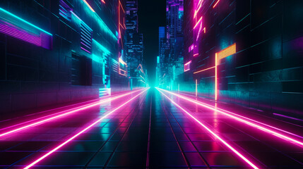 Canvas Print - City street with neon lights in the middle of the street and tall buildings in the background. Generative AI.