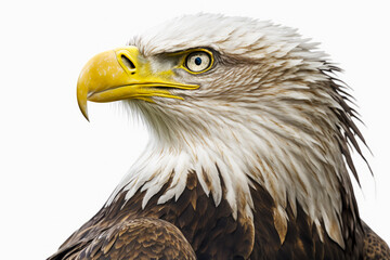 Canvas Print - Close up of bald eagle's head with white background. Generative AI.