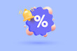 3d tag price icon with bell notification for discount coupon online. Sales with an percent offer 3d for shopping, special offer promotion reminder. 3d vector rendering illustration