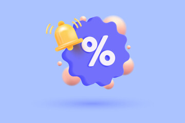 3d tag price icon with bell notification for discount coupon online. sales with an percent offer 3d 