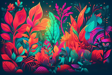 Wall Mural - Image of colorful leaves and flowers on dark background with blue sky. Generative AI.