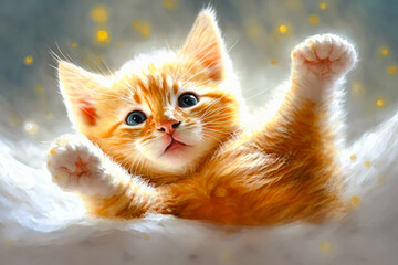 Canvas Print - Image of kitten laying on its back with it's paws in the air. Generative AI.