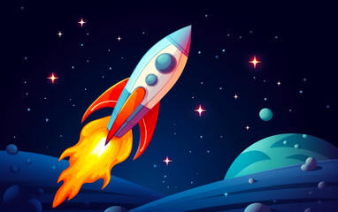 Poster - Cartoon rocket flying through the air with stars in the sky behind it. Generative AI.