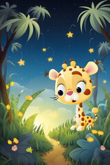 Poster - Giraffe standing in the middle of forest with stars in the sky. Generative AI.