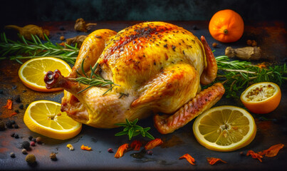 Poster - Roasted turkey with lemons, rosemary, and rosemary garnish. Generative AI.