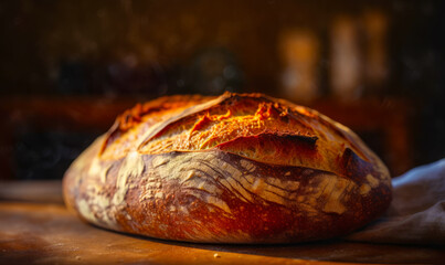 Sticker - Loaf of bread sitting on top of wooden cutting board on top of table. Generative AI.