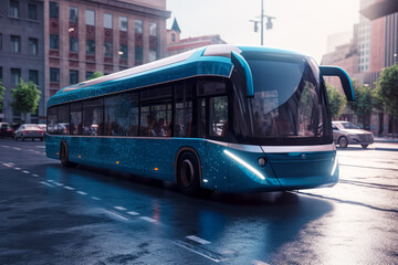 Canvas Print - Blue bus driving down street next to tall building on rainy day. Generative AI.