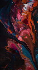 Wall Mural - Colorful paint swirl texture on a black background creates a striking visual, combining vibrant hues, fluid watercolor effects, and artistic flow. Banner and background pigment texture. Generative AI.