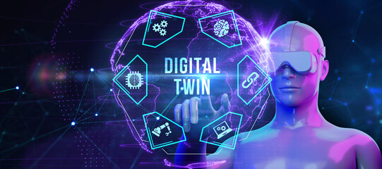 Digital twin industrial technology and manufacturing automation technology. 3d illustration