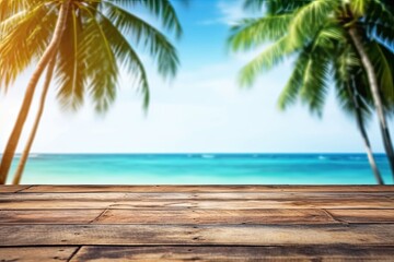 Wall Mural - a wooden tabletop display with a blue sea and tropical coconut background - perfect for summer: gene