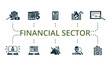 Financial sector set. Creative icons: tax regulation, financial data analytics, digital banking, future of money, electronic signature, crowdfunding platform, e-banking, unicorn startup, fraud