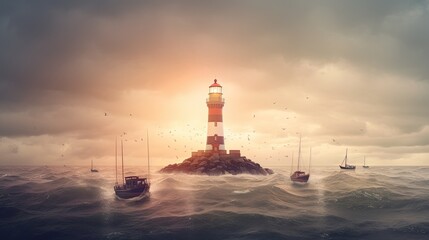 Wall Mural - a lighthouse on the coast guiding ships.leadership concept. generative ai