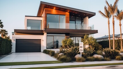 Wall Mural - A real estate sign infront of a modern luxury home. Geneative AI 