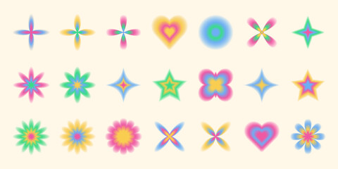 Poster - Trendy shape collection, blurred colorful objects and symbols in Y2K aesthetics. Vector set of design graphic elements and decorations.