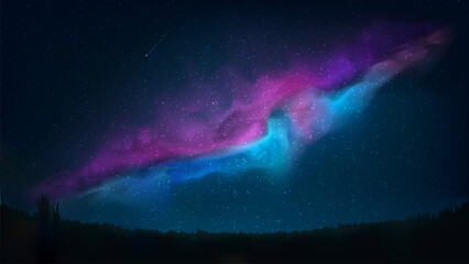 Poster - Night shining starry sky. Dark blue space background with stars, pink violet blue nebula, milky way, meteor. Starlight night in nature, cosmos. Meadow, field. Vector illustration