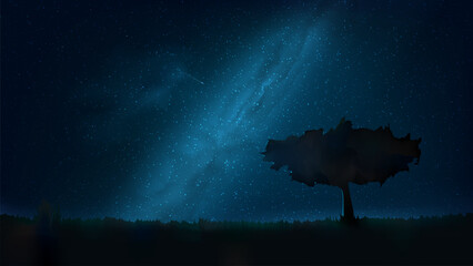 Poster - Night shining starry sky, lonely tree in the meadow. Dark blue space background with stars, nebula, meteor. Starlight night in nature, cosmos. Vector illustration