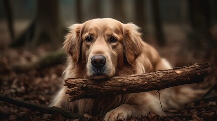 Beautiful golden retriever dog playing with a wooden stick. Created with generative AI technology