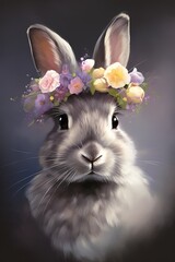 Wall Mural - a rabbit wearing a bouquet of flowers as a headdress Generative AI