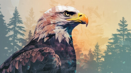 Fototapete - Profile illustration of Bald Eagle in the forest by generative AI
