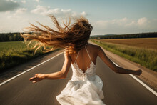 Woman Bride In Wedding Dress Run Away In Road From Wedding Generative Ai