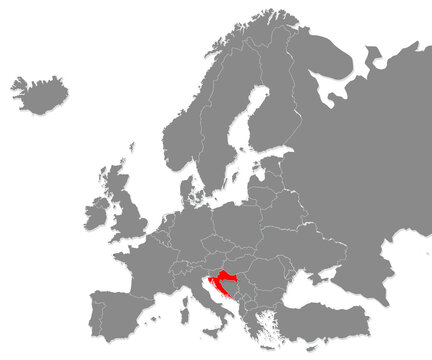 Map of Croatia highligted with red in Europe map