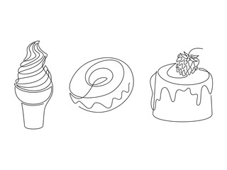 Wall Mural - Ice cream cone, doughnut, cake with strawberry vector line continuous drawing illustration. Hand drawn linear dessert icon set. Minimal design element, banner, card, poster, brochure, logo, symbol.