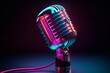 Retro professional microphone in neon futuristic style. AI generated.  Generative AI