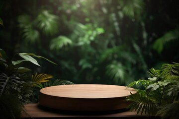 green platform mock podium leaf up palm wooden design color space. Generative AI.