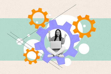 Aufkleber - Artwork collage picture of delighted mini black white colors girl use netbook raise fists inside big cogwheel gear isolated on drawing background
