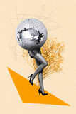 Fototapeta Kawa jest smaczna - Vertical photo collage graphical image slim legs dancing event big shiny discoball instead of body floral colorful background