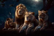 A Group Of Lions Resting On Rock. Generative AI