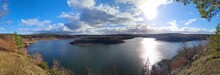 Panoramic View Of The Barrage Lake At "Wehebachtalsperre" And Eifel Mountains, Germany