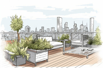 Poster - A stylish urban rooftop garden filled with lush plants, contemporary furniture, and an impressive view of the city skyline, ideal for urban living and green spaces.