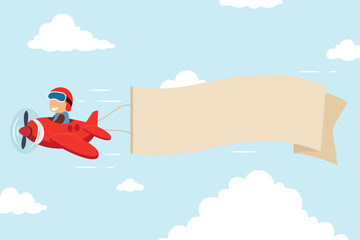 Cute pilot flying on vintage red airplane with banner. Flat vector illustration