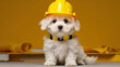 cute white engineer puppy dog wearing yellow engineer uniform and yellow construction site helmet, Generative AI
