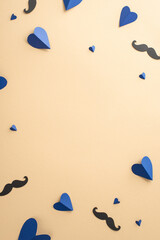 Wall Mural - Get your Dad the perfect Father's Day gift! Top vertical view flat lay of paper hearts and funny mustaches on a beige background with an empty frame for text or advert