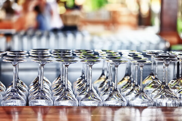 Wall Mural - empty glass glasses group, dishes in the restaurant, table clean serving