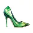 Watercolor illustration of a green female shoe with high heel isolated on white background. Generative AI.