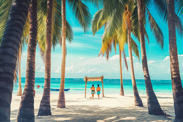 Wall Mural - Boracay philippines travel destination. Tourist couple on sunny sandy beach with beautiful landscape. Generative AI.