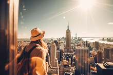 New Your Empire State Building Travel Destination. Tourist Couple In Sunny City Beautiful Urban Landscape View. Generative AI.