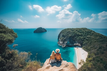 Wall Mural - Phuket travel destination. Tourist couple on sunny sandy beach with beautiful landscape. Generative AI.