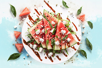 Top view watermelon salad with arugula and feta cheese in white plate on the blue table. Fresh summer diet vegan food. AI Generative.