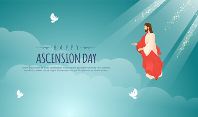 Happy Ascension Day Design with Jesus Christ in Heaven Vector Illustration.  Illustration of resurrection Jesus Christ. Sacrifice of Messiah for humanity redemption. 