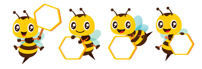 Set of cartoon happy bee character holding empty honeycomb shaped signboard. Protect the environment concept flat design