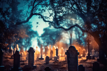 Wall Mural - background dark and gloomy halloween cemetery, AI